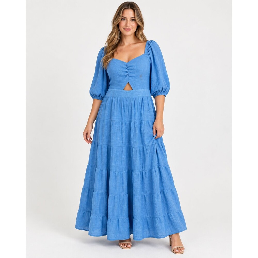 Arula Blue Tiered Maxi Dress Puff Sleeve Ruched Cutout Boho Rayon 10-12